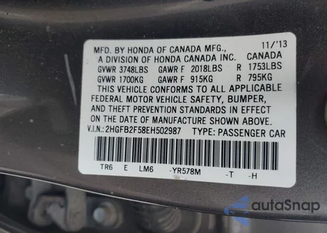 2014 Honda Civic Lx from USA, damaged, VIN 2HGFB2F58EH502987